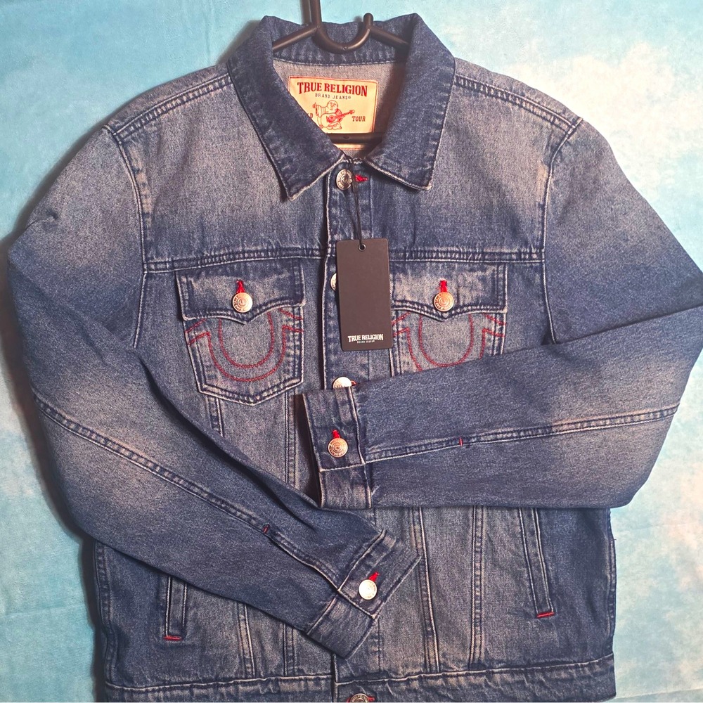 True Religion Men's Blue Jean Jacket Size M Logo Embroidered Button Pockets